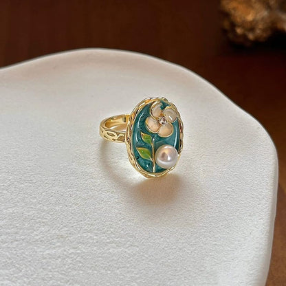 Fashion Enamel Flower Pearl Open Rings For Women 14k Gold-Tone Plated Vintage Floral Leaf Unique Finger Band Stackable Wedding Ring Adjustable Cocktail Party Statement Jewelry Gifts Mother Day Birthday