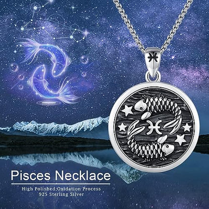 925 Sterling Silver Zodiac Constellation Necklaces for Men Women | Retro,Daily,Birthday, Graduation,Horoscope,Zodiac Sign,Hypoallergenic,with Jewelry Box - style: 2-Pisces (A-Retro Feb.19-Mar.20)