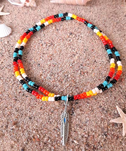 Minimalist Beaded Native American Style Stretch Charm Double Anklet with Feather Charm. 9 INCHES.
