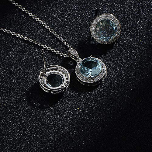 Bridal Crystal Jewelry Set - Sterling Silver Round Cubic Zirconia CZ Rhinestone Halo Birthstone Pendant Necklace Stud Earrings Set for Wedding Bride Bridesmaids Birthday Gift - color: Matine Blue