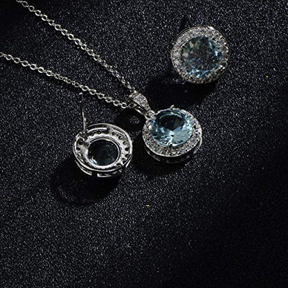 Bridal Crystal Jewelry Set - Sterling Silver Round Cubic Zirconia CZ Rhinestone Halo Birthstone Pendant Necklace Stud Earrings Set for Wedding Bride Bridesmaids Birthday Gift - color: Matine Blue