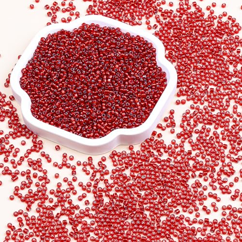 2mm Glass Seed Beads Bulk, Deep Red with Silver 12/0 Tiny Round Seed Bead, Small Mini Pony Craft Beads for Bracelet Necklace Wrist Jewelry Making Beading Weaving DIY Crafts Supplies - color: Deep Red with Silver