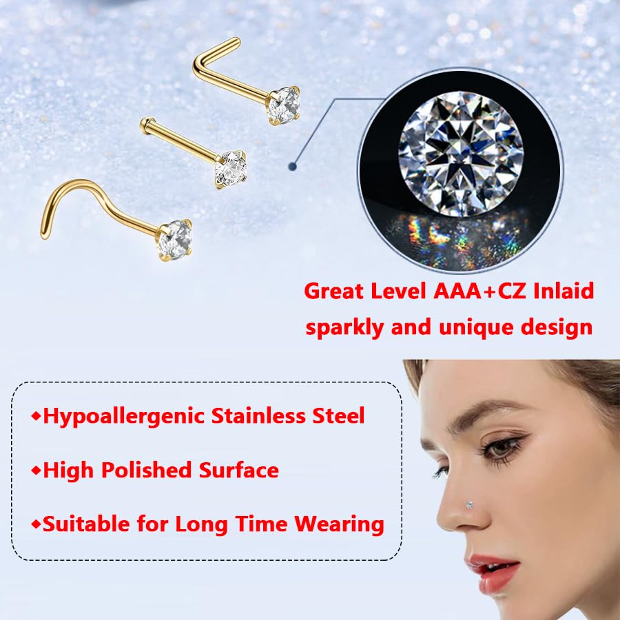 AMASIS Nose Rings and Nose Studs Set, Stainless Steel Hinged Nose Hoops and CZ Studs, Select Sizes and Styles for Nostril Septum Cartilage Piercing Jewelry - color: Gold, size: 12-Piece,Hoops and Studs Sets