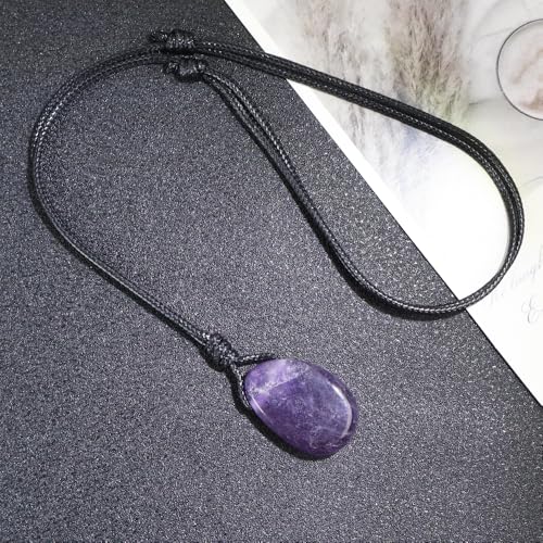 Natural Gemstone Pendant Necklace Healing Crystal Stone Choker Necklace Adjustable Waxed Black Rope for Men - color: Amethyst