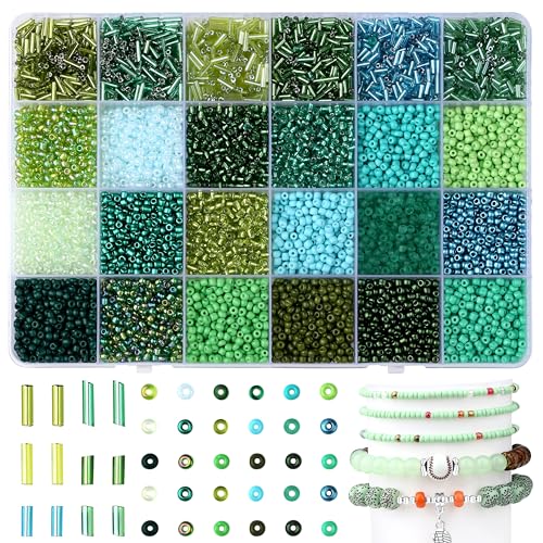 LAIDANLA 7500pcs Mix Green Glass Seed Beads Kit for Jewelry Making with 3mm Tiny Bead and 4mm/6mm Bugle Tube Bead 24 Colors Waist Embroidery Beads for Bracelets Necklaces DIY Craft Beaded Plant Kit - color: Green