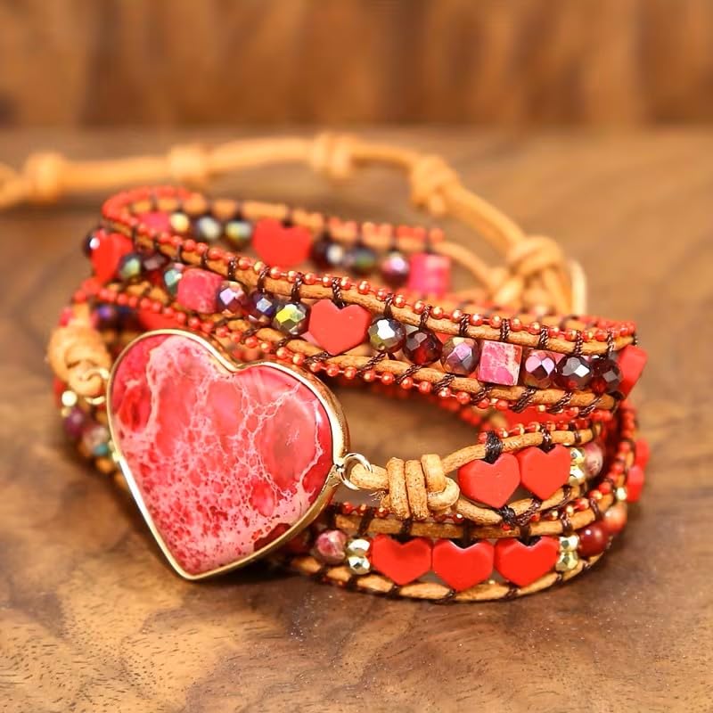 Women Wrap Bracelet Boho Natural Jasper Crystal Stone Beads Strand Bracelets - color: Style 17-Red Heart