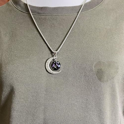 Stainless Steel Mens Necklace 12 Zodiac Moon Galaxy Pendant Necklace,22.8 Inch Stainless Steel Chain, 1.13 Inch Aries/Pisces Celestial Crescent Moon Star Sign Charm Jewelry - style: Gemini（5.21-6.21）