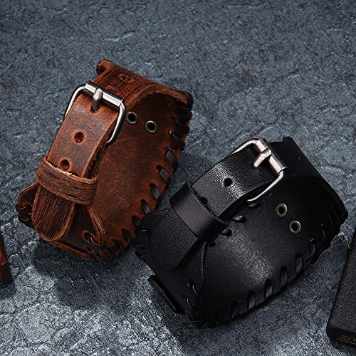 GelConnie Viking Bracelet Punk Leather Cuff Bracelet Gothic Leather Wristband Bracelet with Nordic Amulet Scandinavian Talisman Celtic Pagan Jewelry - color: Black Mjolnir