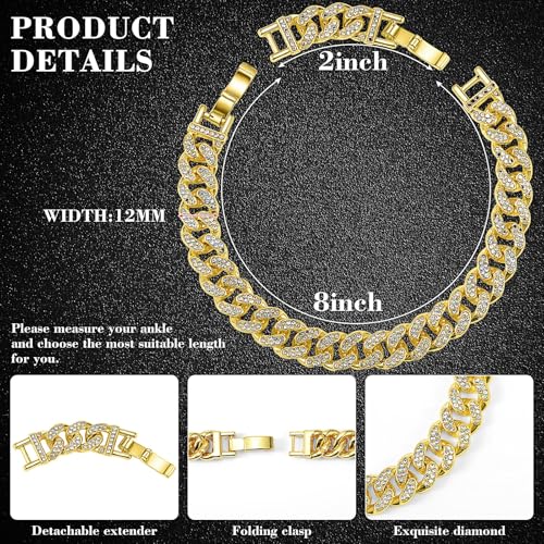 Batiyeer Women's Ankle Bracelets Cuban Link Chain Anklets Adjustable Chunky Anklets with Detachable Extender Rhinestone Bling Jewelry Gifts - color: Gold, size: 12 Mm, 8+2 Inches