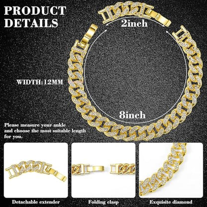 Batiyeer Women's Ankle Bracelets Cuban Link Chain Anklets Adjustable Chunky Anklets with Detachable Extender Rhinestone Bling Jewelry Gifts - color: Gold, size: 12 Mm, 8+2 Inches
