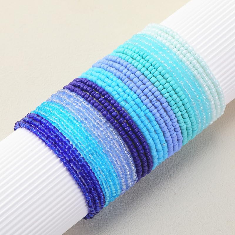 18-20PCS Colorful Bohemia Seed Beaded Bracelets Set Stackable Boho Stretch Bangle Bracelets Multilayer Boho Anket Concert Summer Beach Vaction Surf Jewelry Accessory - color: Blue-20pcs