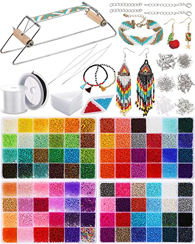 Jexine Bead Loom Kit with 48000 Pcs 2mm Glass Seed Beads for Jewelry Earring Making Tools Gifts for Women DIY Craft