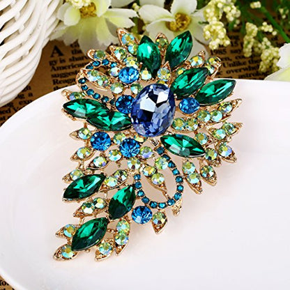 EVER FAITH Women's Austrian Crystal Wedding Flower Leaf Bouquet Brooch - color: Light Blue w/ Green
