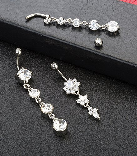 3-6PCS 14G 316L Stainless Steel Belly Button Rings for Women Navel Rings Barbell Dangle Flower CZ Body Piercing - color: A: 3 Pcs Silver-tone