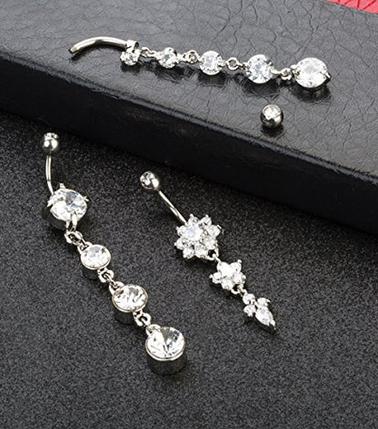 3-6PCS 14G 316L Stainless Steel Belly Button Rings for Women Navel Rings Barbell Dangle Flower CZ Body Piercing - color: A: 3 Pcs Silver-tone