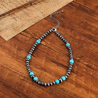 Navajo Pearl Necklace Western Jewelry for Women Cowgirl | Layered Western Necklaces Country Concert Choker Jewelry Gift - color: turquoise round bead