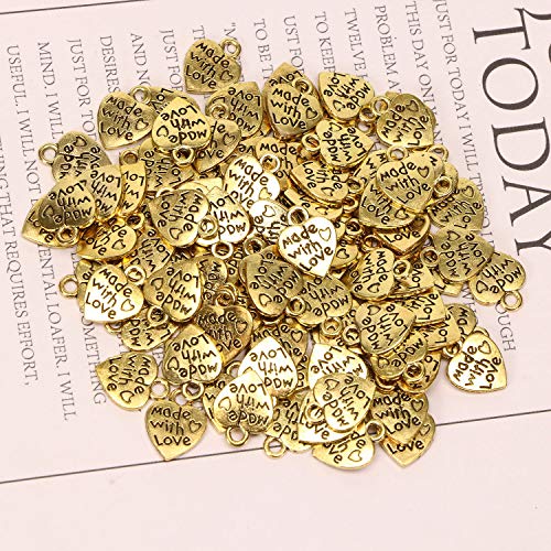 Shapenty 100PCS Mini Metal Beads Heart Shaped “Made with Love” Charms Bulk for DIY Craft Keychain Necklace Pendants Bracelets Earrings Jewelry Making Findings - color: Gold