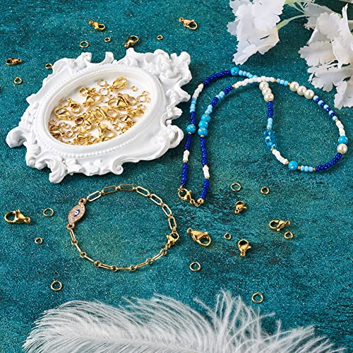 PH PandaHall 220Pcs Stainless Steel Lobster Claw Clasps Open Jump Rings Set Real 24K Gold Plated Jewelry Lobster Clasp 5 Sizes Bracelet Necklace Clasp Closures for Jewelry Making, 1 Box