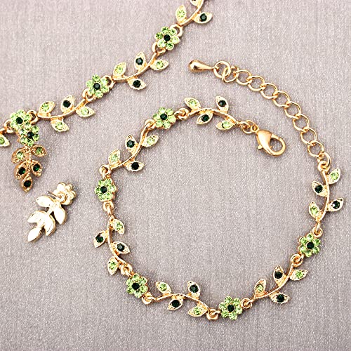 Austrian Crystal Rhinestone Choker Necklace Dangle Earring Link Bracelet Jewelry Set for Brides Bridesmaid Prom Costume Accessories for Women - color: En001-Green-Gold Plated