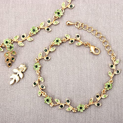 Austrian Crystal Rhinestone Choker Necklace Dangle Earring Link Bracelet Jewelry Set for Brides Bridesmaid Prom Costume Accessories for Women - color: En001-Green-Gold Plated