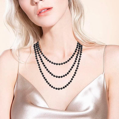 Firstmeet Fashion Beads Rope Knot Long Beaded Necklace Versatile 60" Strand Costume Jewelry for Women - color: Black
