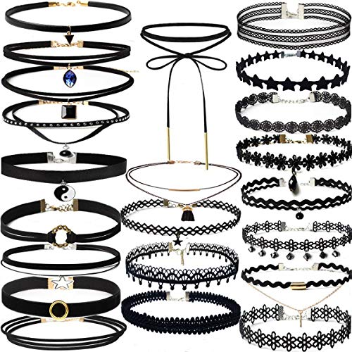 YOKER 22 Pcs Necklaces Black Velvet Choker Set for Women Classic Adjustable Gothic Lace Black Collar Tattoo Lace Chokers Charm Stretch for Party Cosplay Christmas Birthday