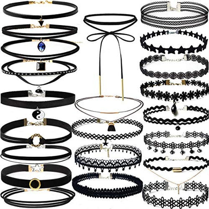 YOKER 22 Pcs Necklaces Black Velvet Choker Set for Women Classic Adjustable Gothic Lace Black Collar Tattoo Lace Chokers Charm Stretch for Party Cosplay Christmas Birthday