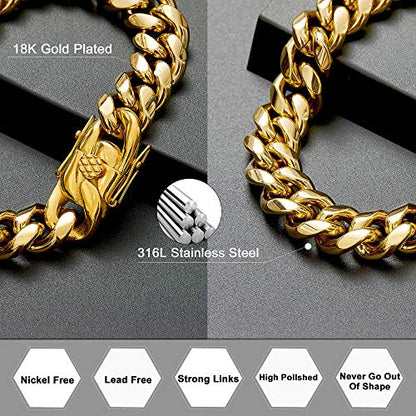 Mens 18k Gold Plated Stainless Steel Hip Hop Cuban Curb Link Chain Necklace