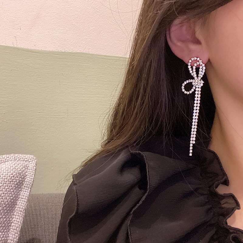 HERIER Rhinestone Earrings Dangling for Women Chandelier Statement Tassel Earrings Girls Silver Sparkly Drop Cubic Zirconia Crystal Earrings Long Dangle Costume Jewelry - color: Silver-Bow Tassel