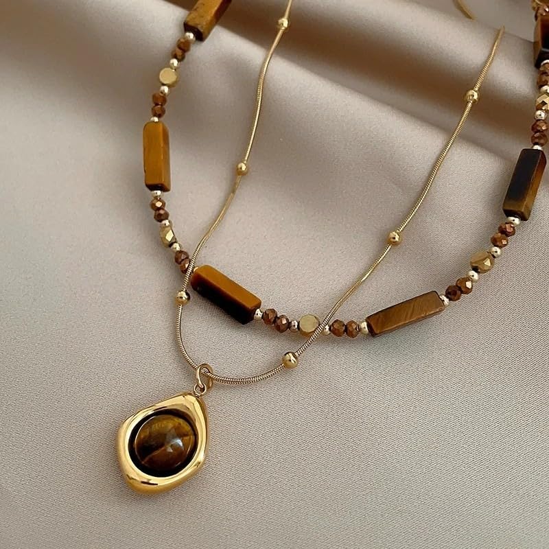 2pcs Retro Temperament Layered Tiger Eye Stone Pendant Necklace For Women Stainless steel Double-Layer Collarbone Chain Sets