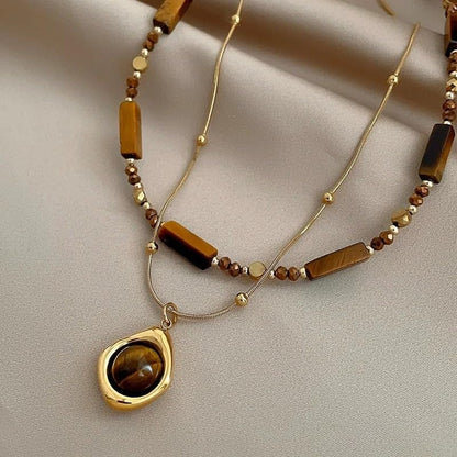 2pcs Retro Temperament Layered Tiger Eye Stone Pendant Necklace For Women Stainless steel Double-Layer Collarbone Chain Sets