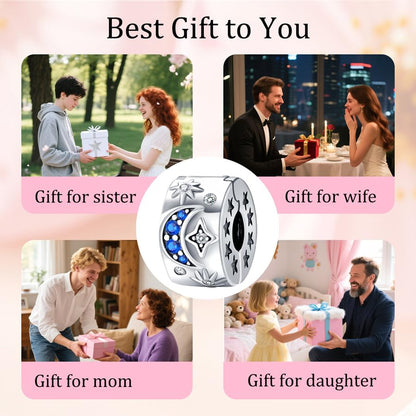 925 Sterling Silver Openable Clip Spacer Bead Fits Pandora Bracelet | Hypoallergenic Clip Stopper Charm, Star Clover Butterfly Floral Mom Heart Paved Zircon Gift for DIY Charm Bracelet Jewelry - color: Blue Zircon Moon Star