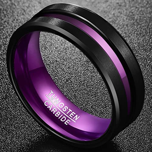 NUNCAD 8mm Men's Tungsten Rings Multi-Color/Green/Purple Plated Grooved Black Matte Finish Beveled Edges Size 4 to 16 - color: Purple Grooved