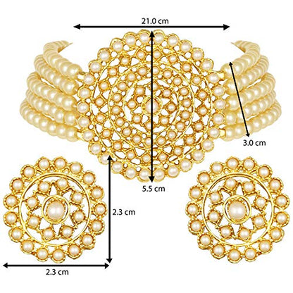 Aheli Pearl Diamond Choker Necklace & Round Earrings Gift for Women Indian Traditional Bollywood Fashion Bharatanatyam jewellery set - color: Cream