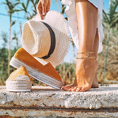 Initial Ankle Bracelets for Women 2pcs 18K Gold Plated Handmade Layered Letter Heart Figaro Chain Flat Mariner Anklets for Women Cute Summer Beach Foot Jewelry - style: Gold-V