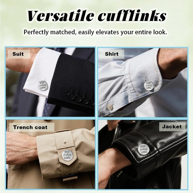 Silver Cufflinks for Men Wedding Engagement Gifts for Him Cuff Links 2Pcs Round Stainless Steel Engraved Cufflink for Shirt - color: Keep Fucking Going
