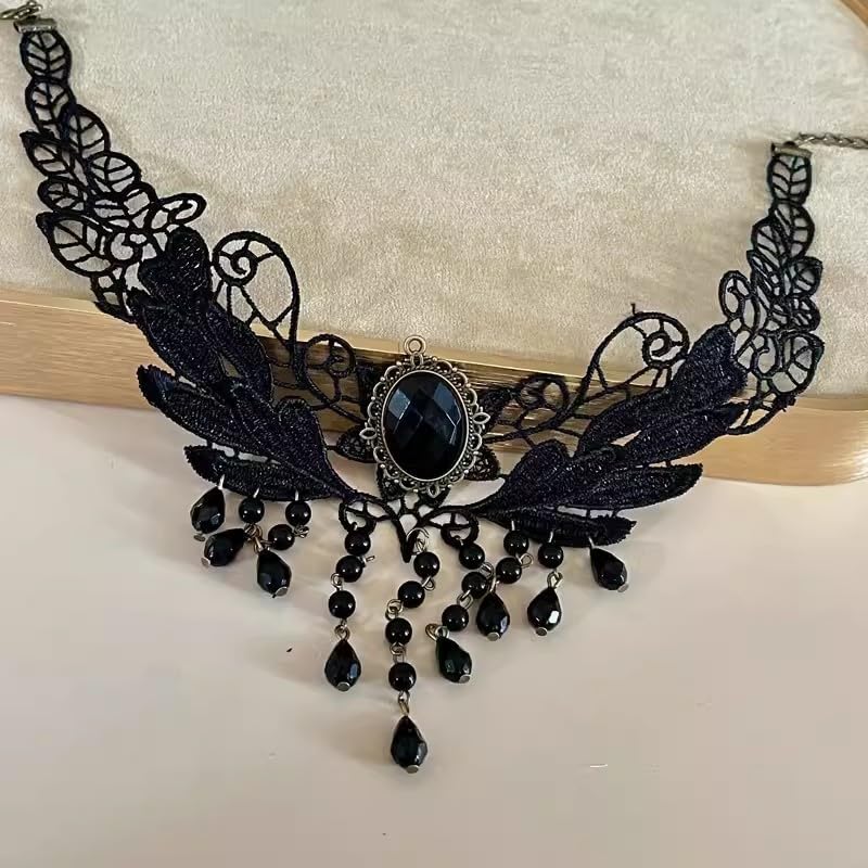 Goth Black Choker Necklace Crystal Bead Pendant Necklace for Women Gothic Velvet Lace Choker Halloween Vampire Witch Cosplay - color: G-Black