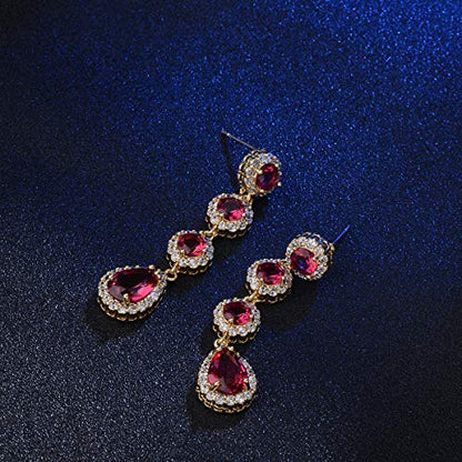 Women's Cubic Zirconia Bridal Earrings - Elegant Long Wedding Party Prom Earring for Bride Bridesmaids Crystal CZ Rhinestone Chandelier Statement Dangle Drop Earrings for girls - color: Red-gold