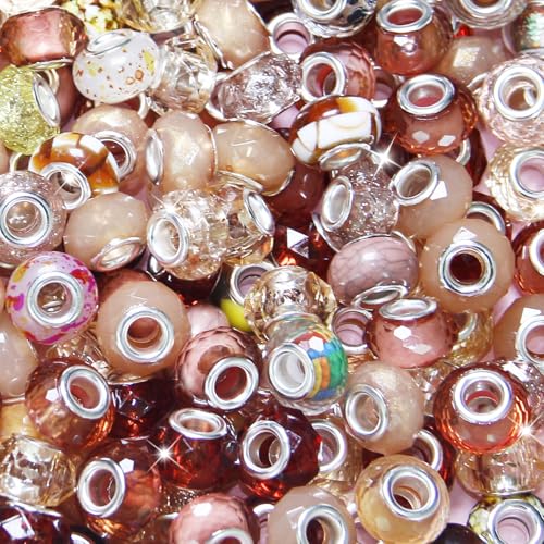 100 Pieces Large Hole Beads Spacer Bead Champagne Assorted European Craft Big Beads Large Hole Lampwork Murano Fairy Wand Garden Bead for DIY Pens Bracelet Necklace Keychain Jewelry Making Supplies - color: Champagne, size: 100 Pcs