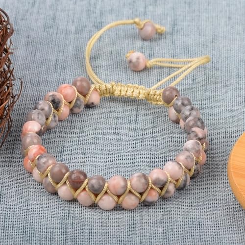 MASSIVE BEADS Double Layer Natural Chakra Healing Power Crystals Macrame Bracelet Yoga Stone Beads Gemstone Meditation Relax Anxiety Bangle for Unisex Women Men - color: Pink Zebra Jasper, size: 6mm