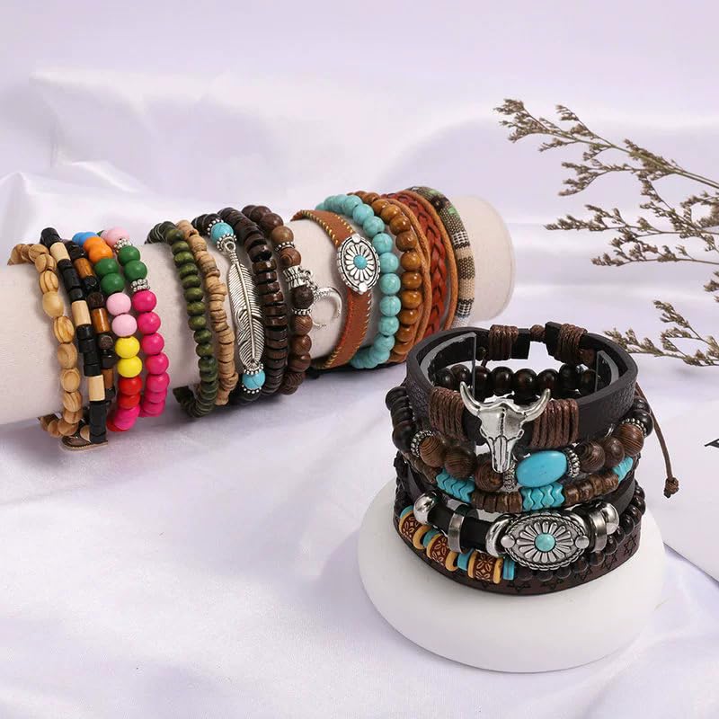 Boho Wood Beaded Bracelet Set for Men Women, Multilayer Stackable Vintage Tribal Wooden Stretch Bracelets, Natural Wood Bead Jewelry for Casual Party Gifts