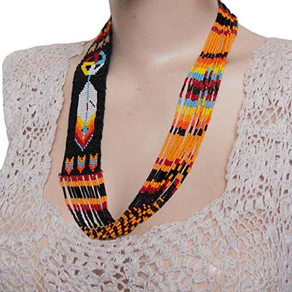 Handmade Beaded Indian Necklace,Inspired by Native American Style Long Necklace Earrings Set,One of a Kind beaded Necklace for Women,Perfect for Occasions, Gifts - color: Orange