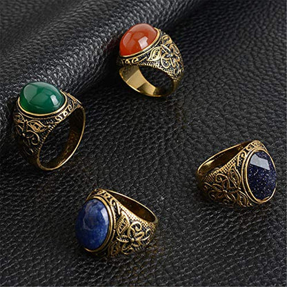 Retro Unisex Stainless Steel Oval Gemstone Hollow Flower Carved Signet Ring - color: Gold Black-Red