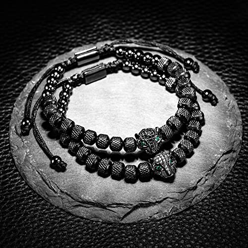 3pcs/set Classical Handmade Braiding Bracelet Hip Hop Men Pave CZ Leopard Head Roman Numeral Bracelet Stainless Steel Jewelry - color: 3pcs A Black Set B