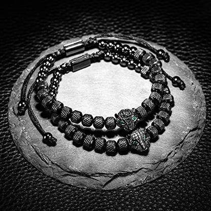 3pcs/set Classical Handmade Braiding Bracelet Hip Hop Men Pave CZ Leopard Head Roman Numeral Bracelet Stainless Steel Jewelry - color: 3pcs A Black Set B