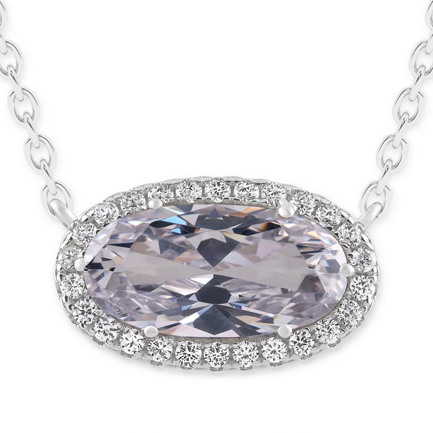 Belacqua Gemstone Necklace in Sterling Silver,Halo Pendant with Accent, Oval Cut 6 * 12mm, 15" Cable Chain with 2" Extender, Spring Ring Clasp, Dainty Birthstone Necklace for Women, Gift Box Included - color: 04-April-White Zircon