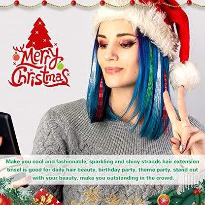 FEBSNOW Hair Extension Tinsel, 2400 Strands Christmas Tinsels with Tool | 47Inch Sparkle Hair Accessories, Glittering Heat Resistant Fiber, Women Girls Hair Styling, Christmas New Year Party Makeover - color: Multi 3 colors
