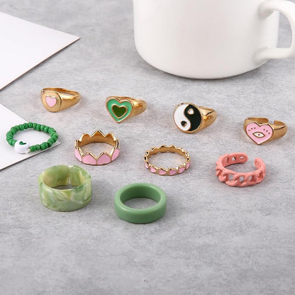 Gold Stackable Ring Sets Yin Yang Patterns Adjustable Alloy Finger Rings for Punk Boho & Daily Wedding Jewelry - color: Multicolor2