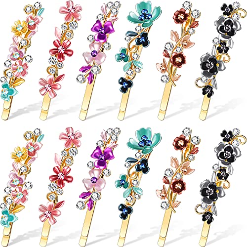 WILLBOND 12 Pcs Vintage Flower Hair Pins Gold Tone Floral Bobby Pins | Vintage flower design, colorful enamel petals, gold tone metal base, hair clips for daily wear, 12 pcs mixed styles