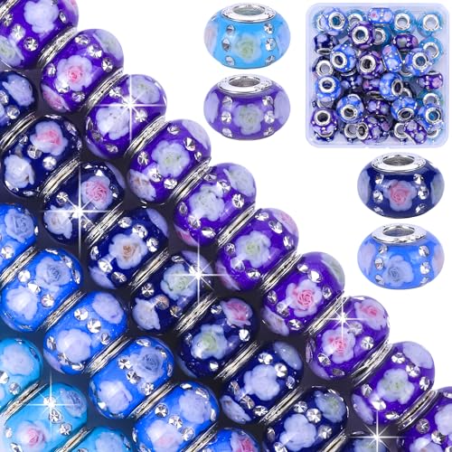 AIPRIDY Lucky Amber Beads and Spacers European Craft Beads with Rhinestones for DIY Charms Bracelet Jewelry Making (Purple+Blue+Aqua Rose Floral, 50 PCS) - color: Purple+Blue+Aqua Rose Floral, size: 50 PCS Rose Floral